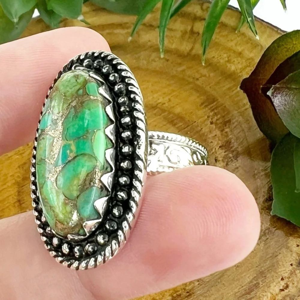 Big Genuine Green Copper Turquoise Ring Size 10 Solid Sterling Native Southwest - Picture 4 of 9